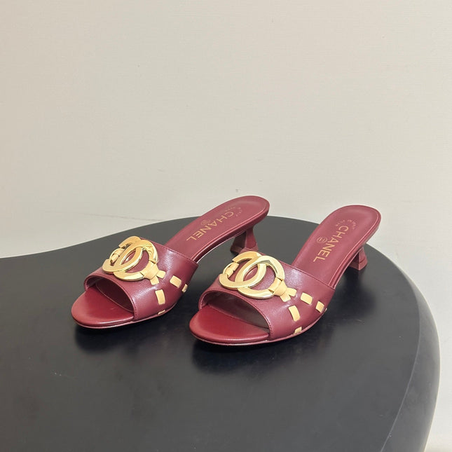 CHANEL 26S HIGH HEEL MULE IN RED LAMBSKIN WITH GOLD TONE CC LOGO