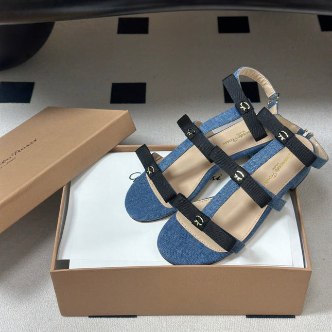 GIANVITO ROSSI 26S STRAPPY FLAT SANDALS IN BLUE DENIM AND BLACK FABRIC
