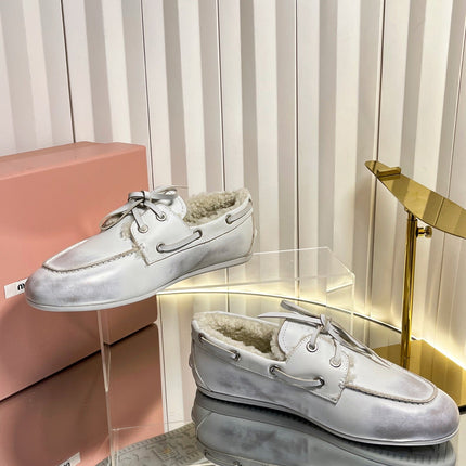 MIUMIU 26S FUR BOAT SHOES IN LIGHT GRAY CALFSKIN