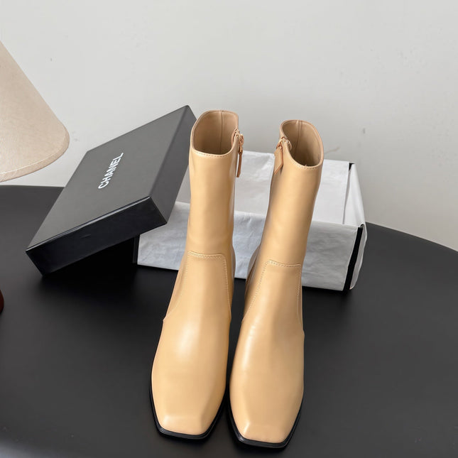 CHANEL 26S ANKLE BOOT 70 MM IN BEIGE CALFSKIN SQUARE TOE
