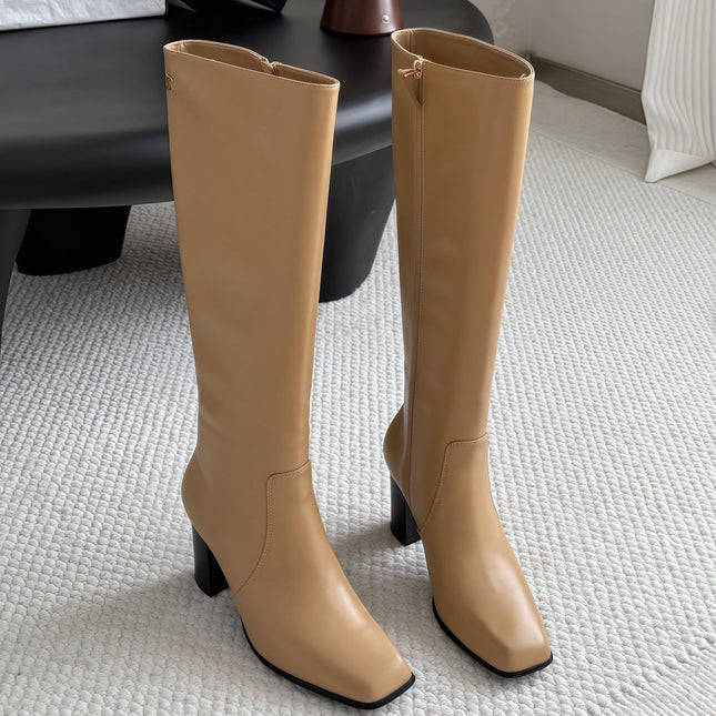 CHANEL 26S TALL BOOTS 70 MM IN BEIGE CALFSKIN SQUARE TOE