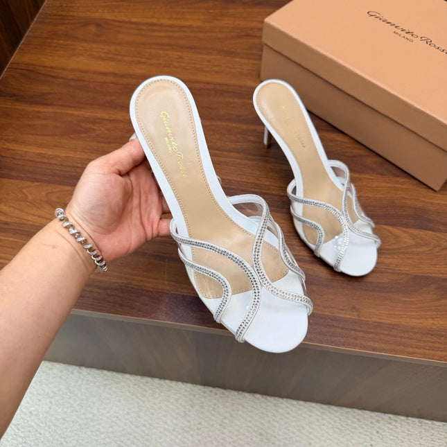 GIANVITO ROSSI 26S HIGH-HEEL SANDALS 85 MM IN WHITE PVC AND RHINESTONES