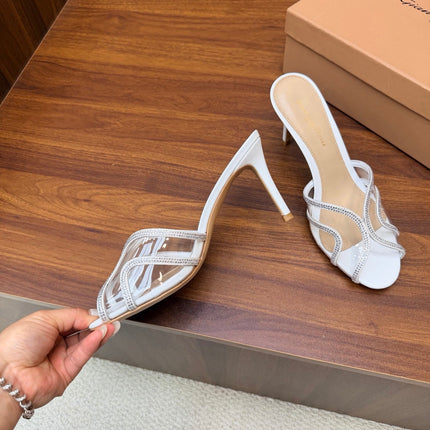 GIANVITO ROSSI 26S HIGH-HEEL SANDALS 85 MM IN WHITE PVC AND RHINESTONES