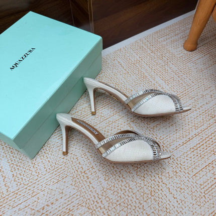 AQUAZZURA 26S HEELED SANDALS 75 MM IN WHITE RAFFIA TEXTURE