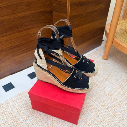 VALENTINO 26S ESPADRILLE WEDGE SANDALS 95 MM IN BLACK SUEDE