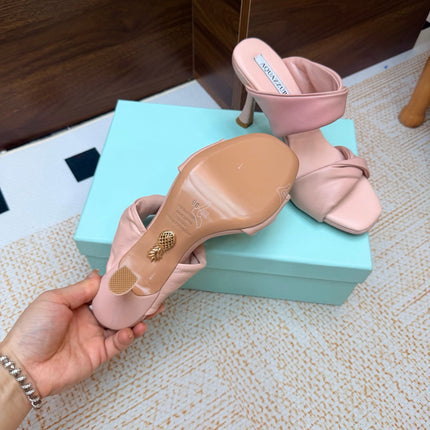 AQUAZZURA 26S TWISTED HEEL SANDALS 85 MM IN LIGHT PINK LAMBSKIN