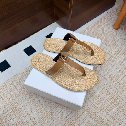 YSL 26S THONG SLIDES IN BEIGE RAFFIA AND LIGHT BROWN CALFSKIN