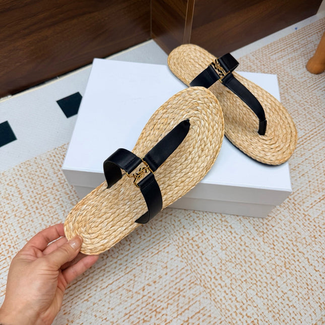 YSL 26S THONG SLIDES IN BEIGE RAFFIA AND BLACK CALFSKIN