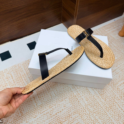 YSL 26S THONG SLIDES IN BEIGE RAFFIA AND BLACK CALFSKIN