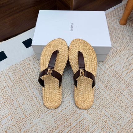 YSL 26S THONG SLIDES IN BEIGE RAFFIA AND DARK BROWN CALFSKIN