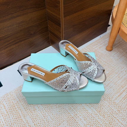 AQUAZZURA 26S CELESTE SANDALS 55 MM IN SILVER MESH & LEATHER