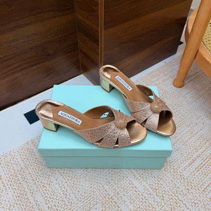 AQUAZZURA 26S CELESTE SLIDE SANDALS 55 MM IN COPPER GOLD CALFSKIN