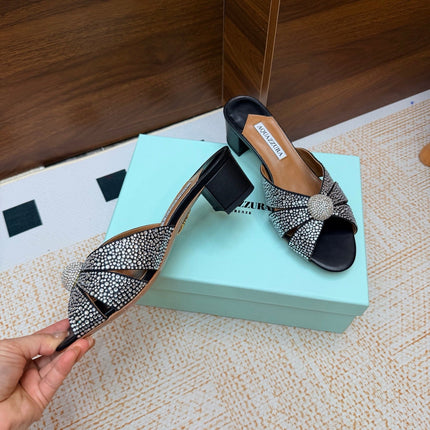 AQUAZZURA 26S CELESTE SLIDE SANDALS 55 MM IN BLACK CALFSKIN