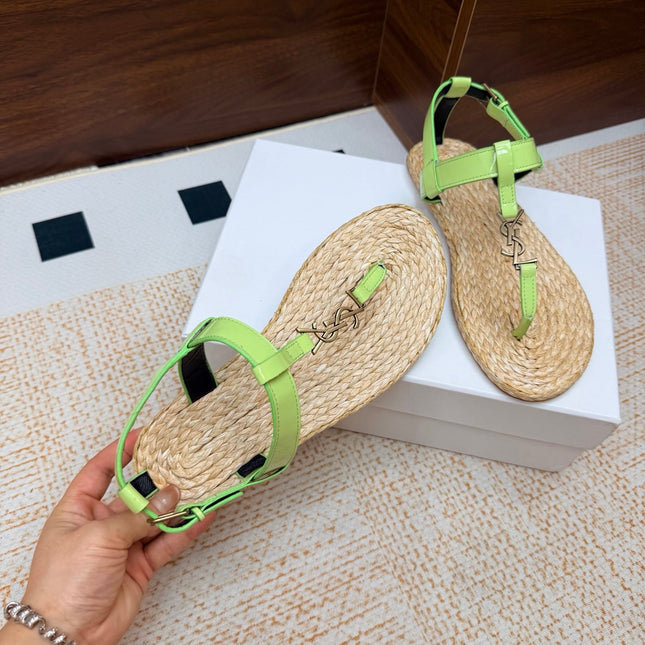 YSL 26S THONG SANDALS IN BEIGE RAFFIA AND LIGHT GREEN GLOSSY CALFSKIN