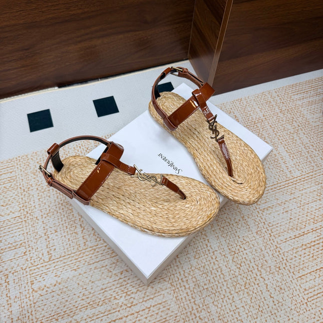 YSL 26S THONG SANDALS IN BEIGE RAFFIA AND BROWN GLOSSY CALFSKIN