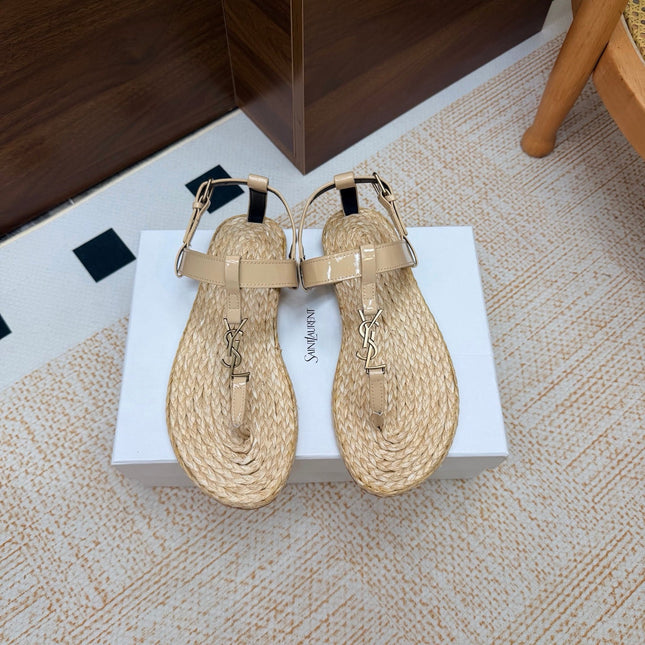 YSL 26S THONG SANDALS IN BEIGE RAFFIA AND GLOSSY CALFSKIN