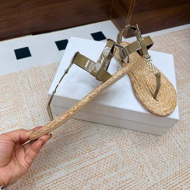 YSL 26S THONG SANDALS IN BEIGE RAFFIA AND KHAKI GREEN GLOSSY CALFSKIN