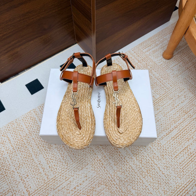 YSL 26S THONG SANDALS IN BEIGE RAFFIA AND COGNAC BROWN CALFSKIN