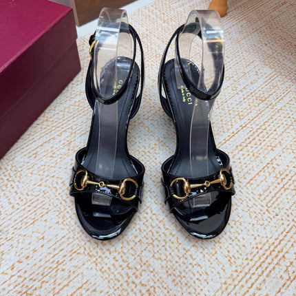 GUCCI 26S WEDGE SANDALS 80 MM IN BLACK GLOSSY CALFSKIN