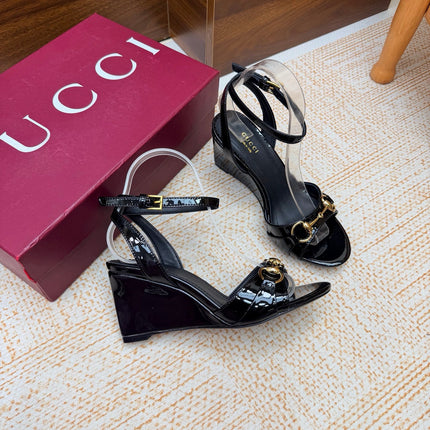GUCCI 26S WEDGE SANDALS 80 MM IN BLACK GLOSSY CALFSKIN