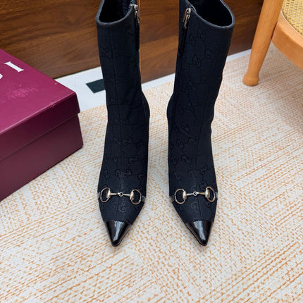 GUCCI 26S ANKLE BOOTS 85 MM IN BLACK GG CANVAS AND CALFSKIN