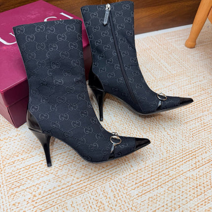 GUCCI 26S ANKLE BOOTS 85 MM IN BLACK GG CANVAS AND CALFSKIN