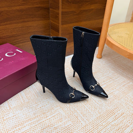GUCCI 26S ANKLE BOOTS 85 MM IN BLACK GG CANVAS AND CALFSKIN
