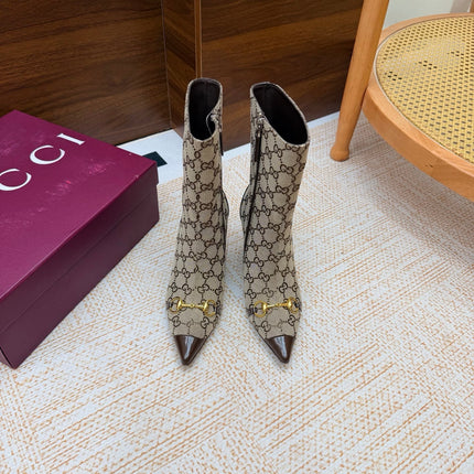 GUCCI 26S ANKLE BOOTS 85 MM IN BEIGE GG CANVAS AND BROWN CALFSKIN