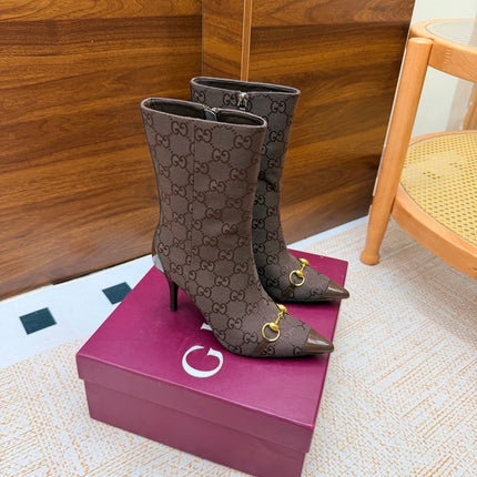 GUCCI 26S ANKLE BOOTS 85 MM IN DARK BROWN GG CANVAS AND CALFSKIN