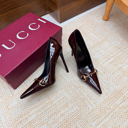 GUCCI 26S HORSEBIT PUMPS 105 MM IN DARK RED PATENT CALFSKIN