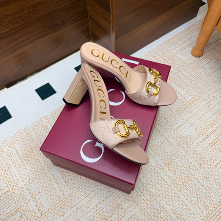GUCCI 26S HORSEBIT HEEL SANDALS 85 MM IN BEIGE GG CANVAS