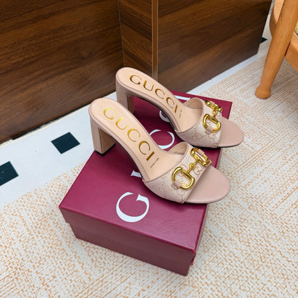 GUCCI 26S HORSEBIT HEEL SANDALS 85 MM IN BEIGE GG CANVAS