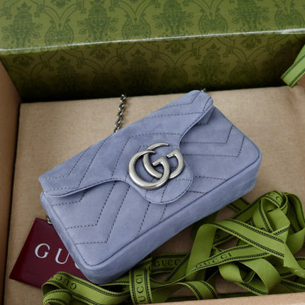 GUCCI 26S GG MARMONT MINI SHOULDER BAG 16 IN LIGHT GREY SUEDE
