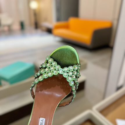 AQUAZZURA 26S TEQUILA HEELED SANDALS 85 MM IN GREEN LAMBSKIN