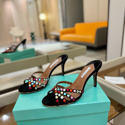 AQUAZZURA 26S TEQUILA HEELED SANDALS 85 MM IN BLACK SUEDE WITH MULTICOLOR CRYSTAL