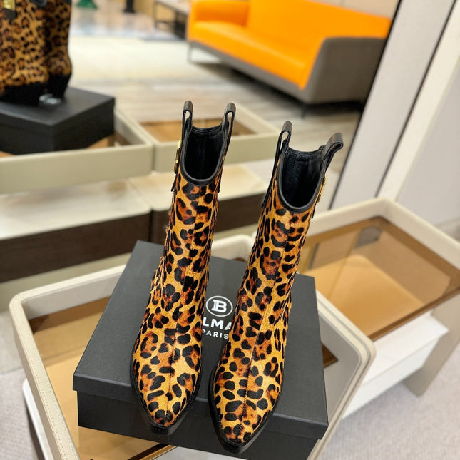 BALMAIN 26S COWBOY ANKLE BOOTS 65 MM IN LEOPARD PRINT PONY HAIR