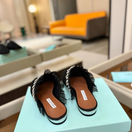 AQUAZZURA 26S FLAT MULES IN BLACK MESH CRYSTAL EMBELLISHMENTS