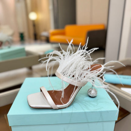 AQUAZZURA 26S FEATHER HEELED SANDALS 95 MM IN WHITE SATIN