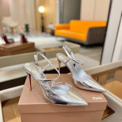 CHRISTIAN LOUBOUTIN 26S JENLOVE HEEL SLINGBACKS 105 MM IN SILVER CALFSKIN