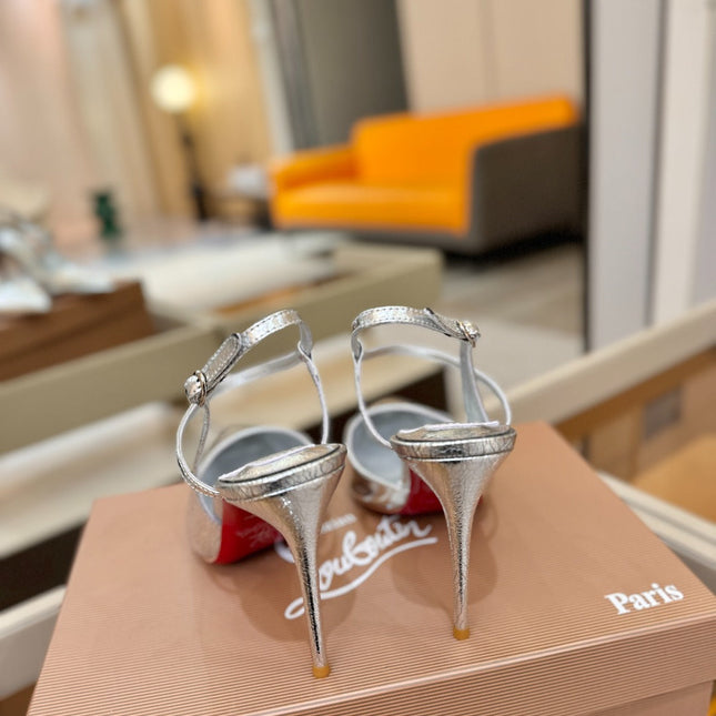 CHRISTIAN LOUBOUTIN 26S JENLOVE HEEL SLINGBACKS 105 MM IN SILVER CALFSKIN