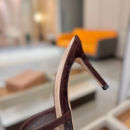 GIANVITO ROSSI 26S POINTED TOE HIGH HEELS 85 MM IN DARK BROWN SUEDE WITH RHINESTONE STRAP