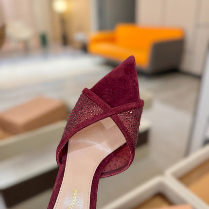 GIANVITO ROSSI 26S POINTED TOE HIGH HEELS 85 MM IN DARK RED SUEDE WITH RHINESTONE STRAP