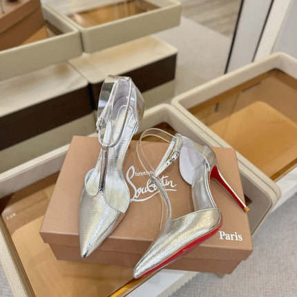 CHRISTIAN LOUBOUTIN 26S T-STRAP HIGH HEELS 105 MM IN SILVER CALFSKIN