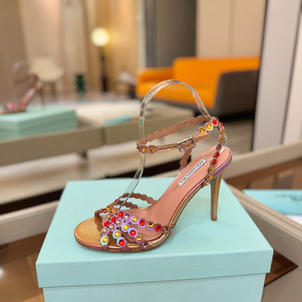 AQUAZZURA 26S STRAPPY HIGH HEELS 105 MM IN ROSE GOLD HOLOGRAM LAMBSKIN