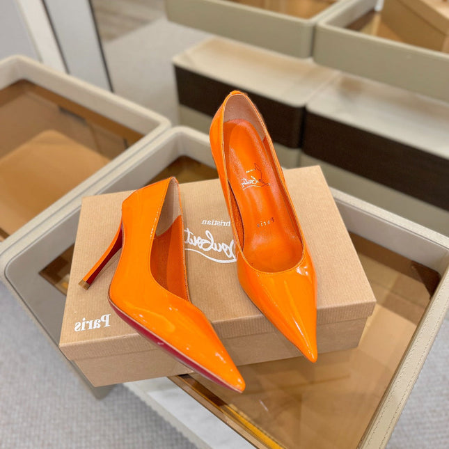 CHRISTIAN LOUBOUTIN 26S POINTED-TOE PUMPS 105 MM IN ORANGE PATENT CALFSKIN