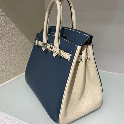 HM 25S BIRKIN 25 CM IN MIDNIGHT BLUE AND CREAM WHITE LAMBSKIN WITH SILVER HARDWARE
