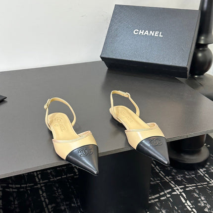 CHANEL 26S POINTED-TOE SLINGBACKS IN BEIGE AND BLACK LAMBSKIN