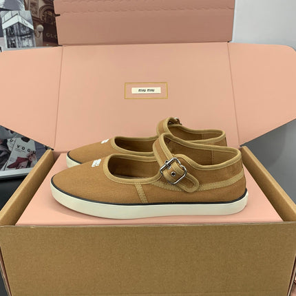 MIUMIU 26S MARY JANE FLATS IN CARAMEL BROWN CANVAS LOGO