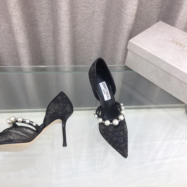JIMMY CHOO 26S HIGH HEELS 85 MM IN BLACK LACE PEARL-EMBELLISHED