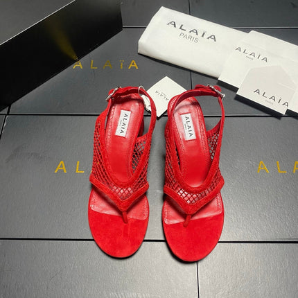 ALAIA 26S MESH THONG HEELS 55 MM IN RED SUEDE